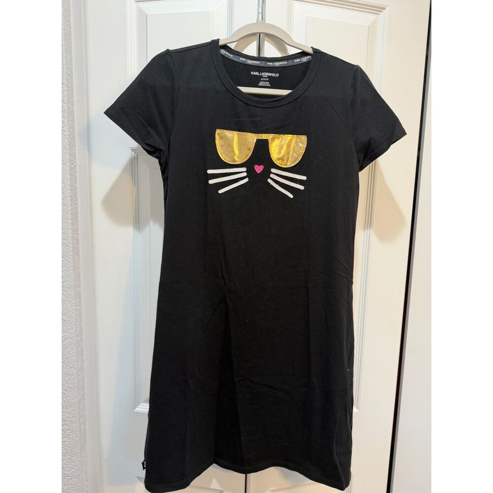 Karl Lagerfeld Paris Women's Metallic Black Cat Graphic T-Shirt Dress Size Small